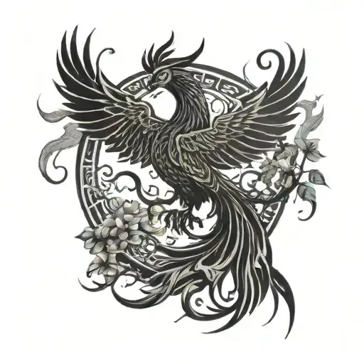 A phoenix rising from the ashes, surrounded by intricate bonsai trees symbolizing resilience and growth tattoo design idea