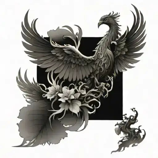 A phoenix rising from the ashes, surrounded by intricate bonsai trees symbolizing resilience and growth tattoo design idea