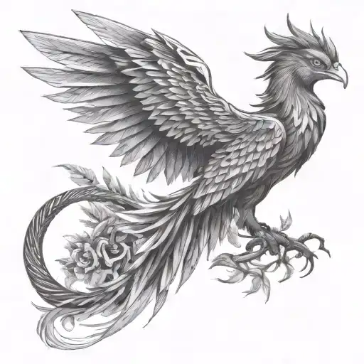 A phoenix rising from the ashes, surrounded by intricate bonsai trees symbolizing resilience and growth tattoo design idea