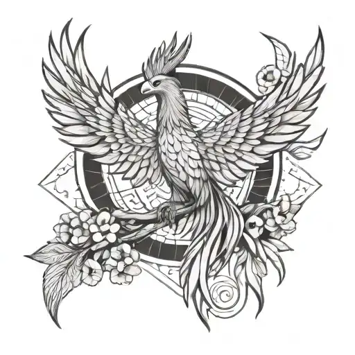 A phoenix rising from the ashes, surrounded by intricate bonsai trees symbolizing resilience and growth tattoo design idea