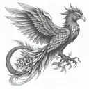 A phoenix rising from the ashes, surrounded by intricate bonsai trees symbolizing resilience and growth tattoo design idea