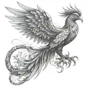 A phoenix rising from the ashes, surrounded by intricate bonsai trees symbolizing resilience and growth tattoo design idea