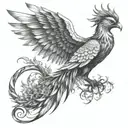 A phoenix rising from the ashes, surrounded by intricate bonsai trees symbolizing resilience and growth tattoo design idea