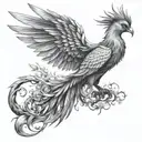 A phoenix rising from the ashes, surrounded by intricate bonsai trees symbolizing resilience and growth tattoo design idea