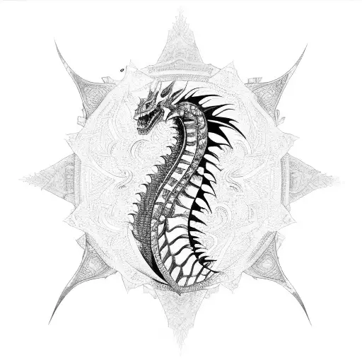 A fierce dragon composed of tribal patterns, surrounded by binary code tattoo design idea