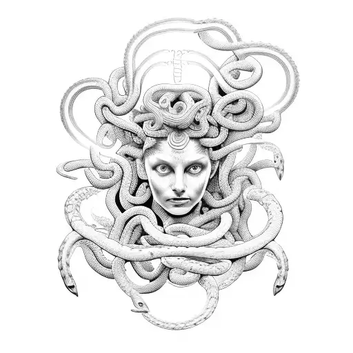 A mesmerizing medusa with glowing neon snakes intertwined in a java code pattern tattoo design idea