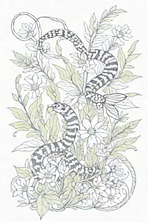 snake fern leaves daisies bee snakes tattoo design idea