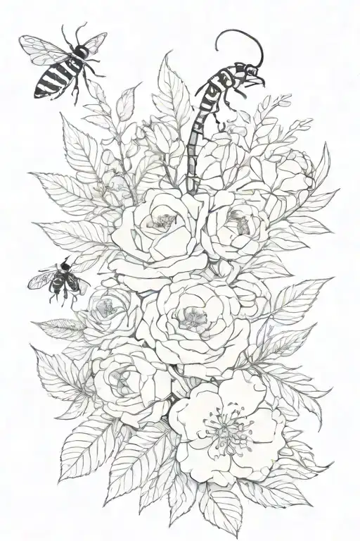 snake fern leaves flowers roses peonies bees snakes spider web tattoo design idea