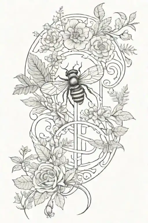 flowers bees snake fern Jupiter Fehu rune Ornament tattoo design idea