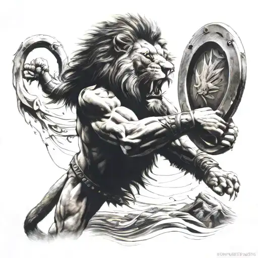 gladiator fighting lion roaring tattoo design idea