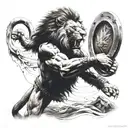 gladiator fighting lion roaring tattoo design idea