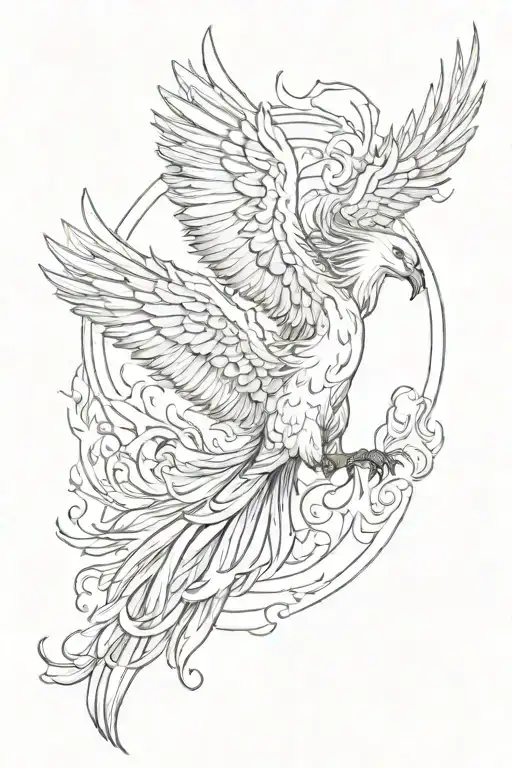 A sketch style tattoo of a mother phoenix spreading her wings over her daughter, with flames and feathers intertwining to create a beautiful and powerful image tattoo design idea