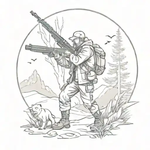 A sketch style tattoo of a hunter with a rifle in hand, stalking prey in the wilderness tattoo design idea