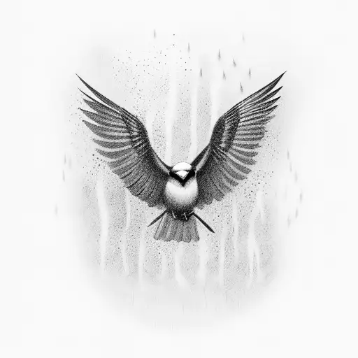 bird flying through a dark and treacherous rainstorm, to coming out on the other side into daylight, a paradise  tattoo design idea