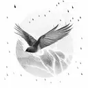 bird flying through a dark and treacherous rainstorm, to coming out on the other side into daylight, a paradise  tattoo design idea