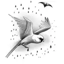 bird flying through a dark and treacherous rainstorm, to coming out on the other side into daylight, a paradise  tattoo design idea