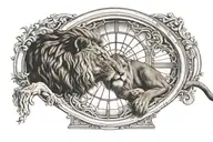 michelangelo creation of adam with Lion head in the middle against Gothic Window Background tattoo design idea