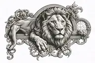 michelangelo creation of adam with Lion head in the middle against Gothic Window Background tattoo design idea