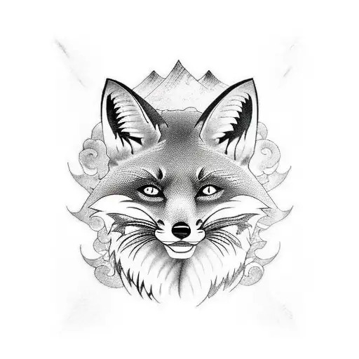 black and white tatto draw in japan style, with "yamato" knife, where fox half head looking from knife tattoo design idea