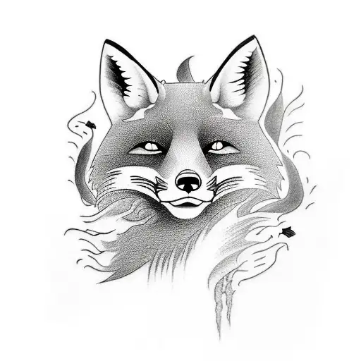 black and white tatto draw in japan style, with "yamato" knife, where fox half head looking from knife tattoo design idea