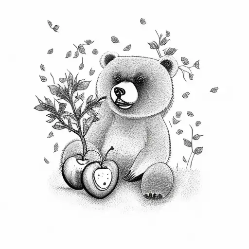 Bear with an apple tree tattoo design idea