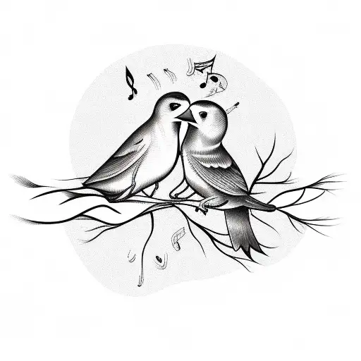 A tattoo of a conversation between two birds perched on a branch, with musical notes forming speech bubbles above them. tattoo design idea