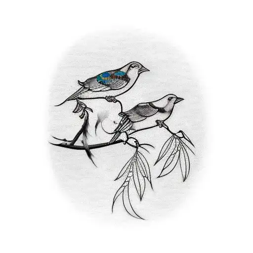A tattoo of a conversation between two birds perched on a branch, with musical notes forming speech bubbles above them. tattoo design idea