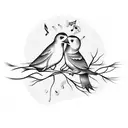A tattoo of a conversation between two birds perched on a branch, with musical notes forming speech bubbles above them. tattoo design idea