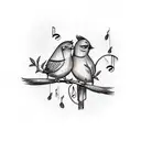 A tattoo of a conversation between two birds perched on a branch, with musical notes forming speech bubbles above them. tattoo design idea