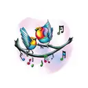 A tattoo of a conversation between two birds perched on a branch, with musical notes forming speech bubbles above them. tattoo design idea