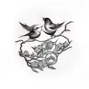 A tattoo of a conversation between two birds perched on a branch, with musical notes forming speech bubbles above them. tattoo design idea