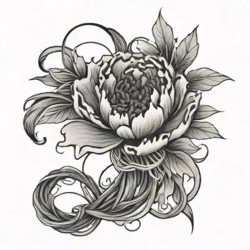A norigae with flowing string and a peonie in the middle tattoo design idea