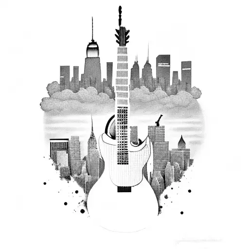 A soldier playing a guitar on a New York skyline backdrop tattoo design idea
