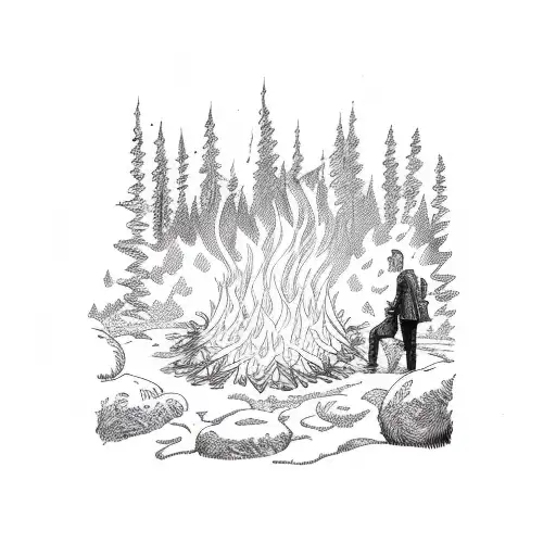 men in a forest in front of a fire being abducted tattoo design idea