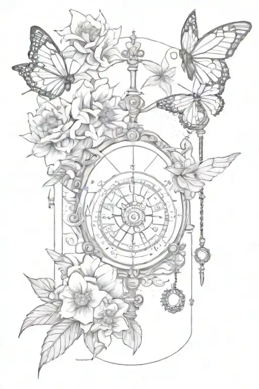 777 with libra scales and aster flower and butterflies tattoo design idea