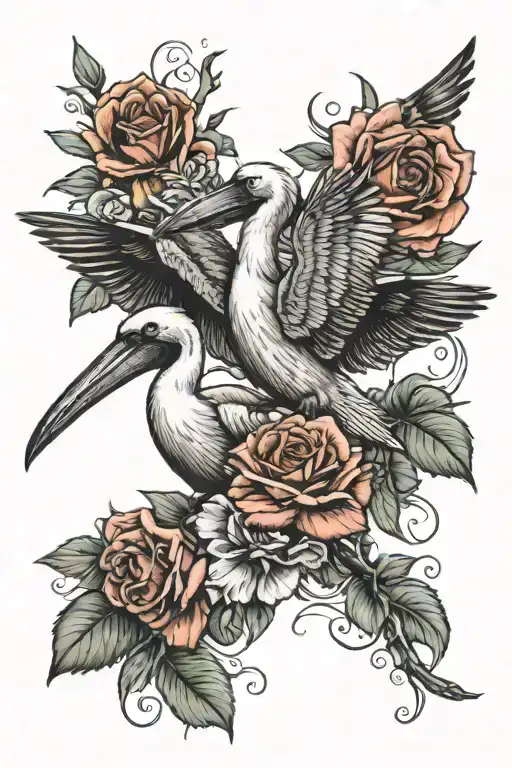 pelican and a hummingbird with roses  tattoo design idea