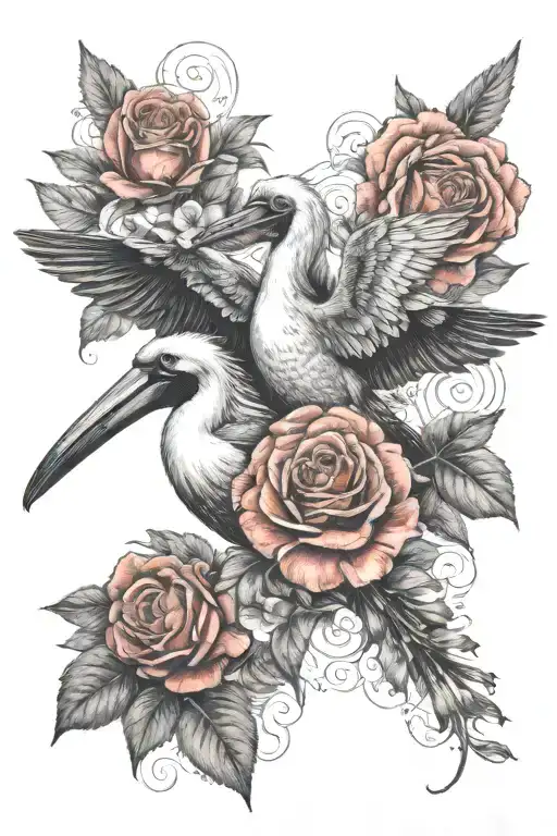 pelican and a hummingbird with roses  tattoo design idea