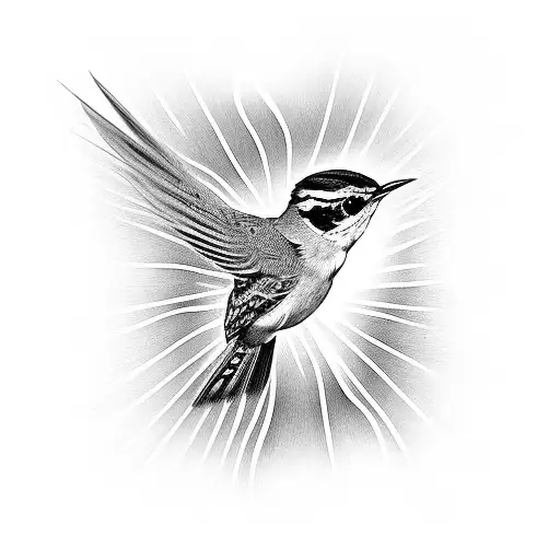 wrens bird flying with light beams tattoo design idea
