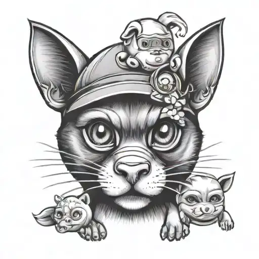 cute cat, monkey and pig tattoo design idea