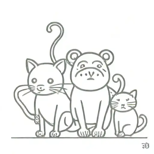 cute monkey, cat and pig tattoo design idea