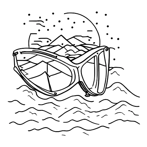 A serene snow-covered mountain peak reflected in a pair of goggles tattoo design idea