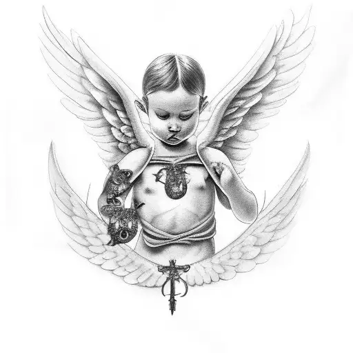 chest piece with angel wings, doves, a cherub tattoo design idea