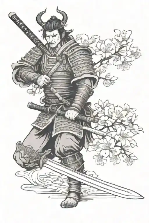 samurai warrior wielding a sword with cherry blossoms, flowers and a temple tattoo design idea