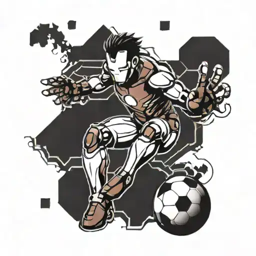 Iron Man in a soccer jersey, kicking a dragon ball tattoo design idea