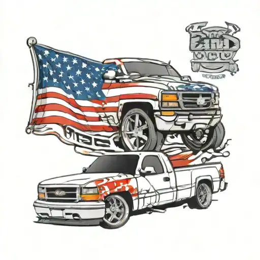 white lowered 1995 GMC sierra with American Flag behind it tattoo design idea