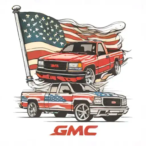 lowered 1995 GMC sierra with American Flag behind it tattoo design idea