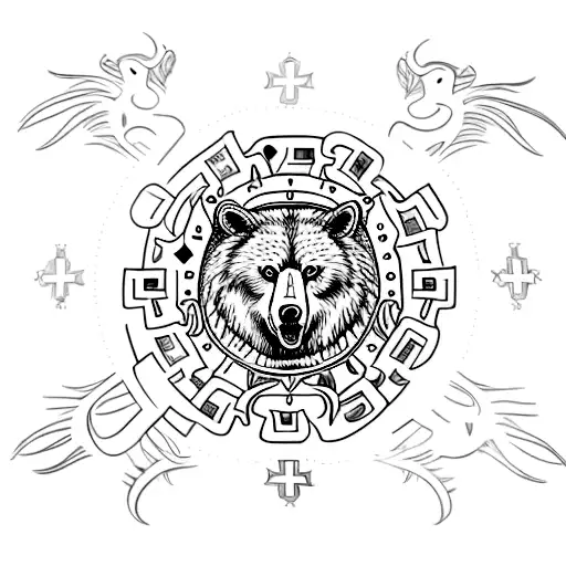19th century shield with vegvisir in middle surrounded by a bear, wolf and owl tattoo design idea