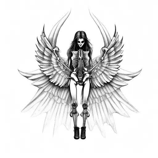 female angel skeleton with long hair, wings and large broadswordsin each hand hovering over an apocalyptic landscape  tattoo design idea