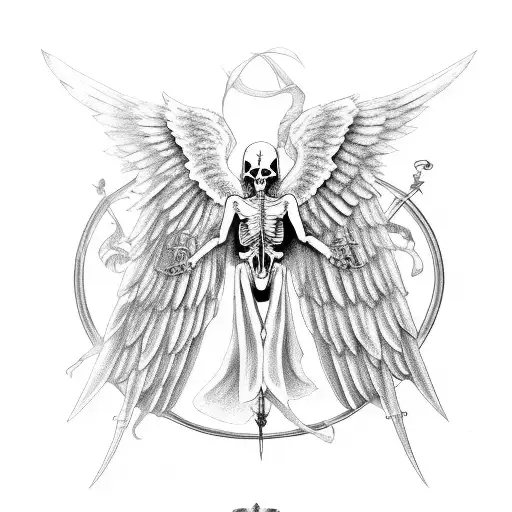 angel skeleton with wings and swords tattoo design idea