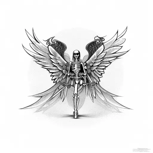 female skeleton angel with wings and swords tattoo design idea